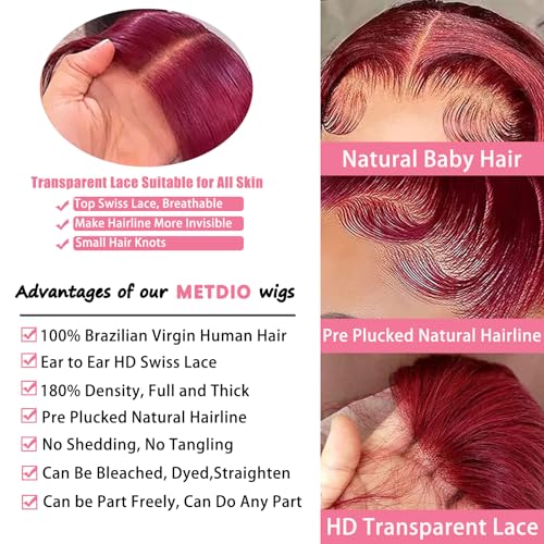 99j Burgundy Lace Front Wigs Human Hair 13x4 Body Wave Lace Front Wigs Human Hair Pre Plucked Glueless Red Wig Wine Red Lace Front Wigs Human Hair Wigs for Women 180 Density 26 Inch