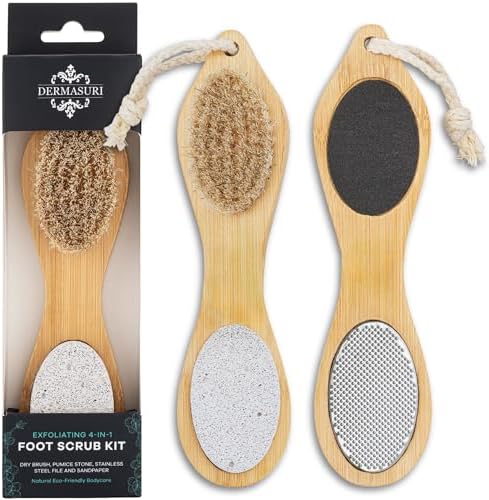 Dermasuri 4 in 1 Exfoliating Foot Scrub Kit - Multi Purpose Foot Care - Natural Bamboo Pedicure Foot Spa Kit - Pumice Stone Callus Remover, Stainless Steel File, Sand Paper Surface, & Dry Brush