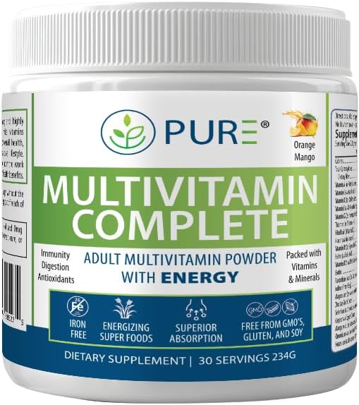 PURE Multivitamin Complete Powder, Orange Mango, Vitamins A, C, D3, B12, Minerals, CoQ10, 30 Servings, 1-Month Supply, Energy Support