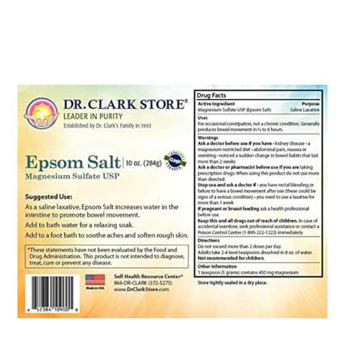 Dr. Clark Store Epsom Salt – 10oz, USP Food Grade, Magnesium Sulfate for Natural Detoxification, Muscle Relaxation, Skin Care, Relieves Occasional Constipation & Supports Liver Flush