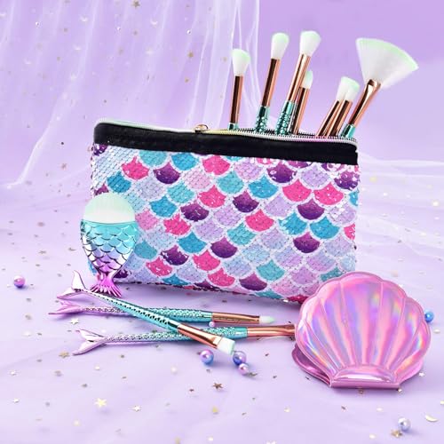 Mermaid Makeup Brush Sets with Cosmtic Bag - 13 PCS Beauty Makeup Tools Eye Shadow Eyeliner Concealer Foundation Blending Blush Brushes Compact Pocket Mirror Sequins Cosmetic Case Bag