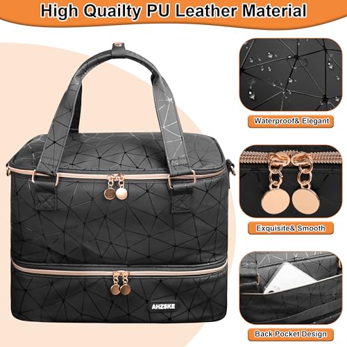Nail Polish Organizer Bag Holds Nail Lamp& 50 Bottles (15ml/0.5fl.oz), PU Leather Nail Supplies Organizer Case with Shoulder& Holder Strap, Travel Nail Kit Storage for Manicure Tools (Black)