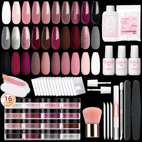 AZUREBEAUTY Dip Powder Nail Kit 16 Colors Glitter Pink with Top/Base Coat Activator Nail Remover Professional Dip Powder Liquid Set for Home Salon Gifts