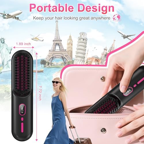 Cordless Hair Straightener Brush - [200M Negative Ions] Portable Straightening Brush for Women, USB Rechargeable, Anti-Scald, Fast Heating Mini Straightener Comb for Travel Car Outdoor, Black