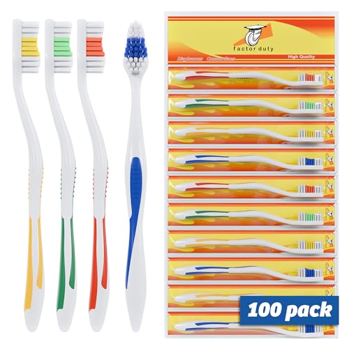 FactorDuty 100 Pack Toothbrush Standard Classic Medium Soft Toothbrush Bulk Individually Wrapped