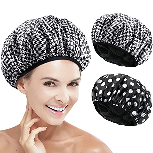 Geyoga 2 Pcs Shower Cap Terry Lined Shower Cap for Women Large Triple Layer Bath Hat with Microfiber Dry Hair Function Breathable Bath Hat Reusable Waterproof for Long Hair(Vintage Pattern)