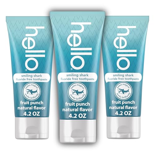 hello Smiling Shark Fluoride Free Kids Toothpaste, Natural Fruit Punch, 4.2 Oz Tube (Pack of 3)