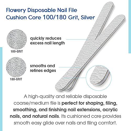 Flowery Nail File 100/180 Grit for Acrylic Nails, Double-Sided Nail Files, Disposable Emery Boards, Manicure Kit, Cushion Core, Silver, 100-Pack