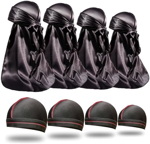 ForceWave 8PCS Silky Durag Men Wave Cap Long Tail Do rag for 360 Wave Dew Rag Packs