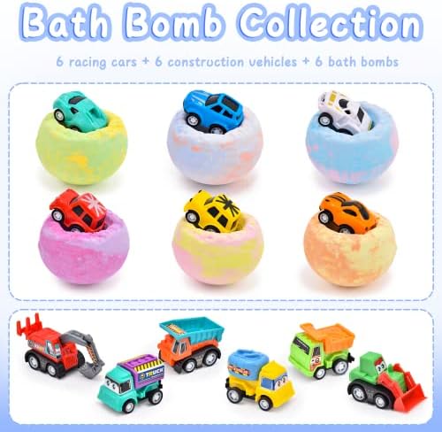 6 Pack Natural Bath Bombs for Kids Pull-Back Cars Organic Rich Foam Color Bubble Set Boys Girls Surprise Toys Christmas Gift for Toddlers
