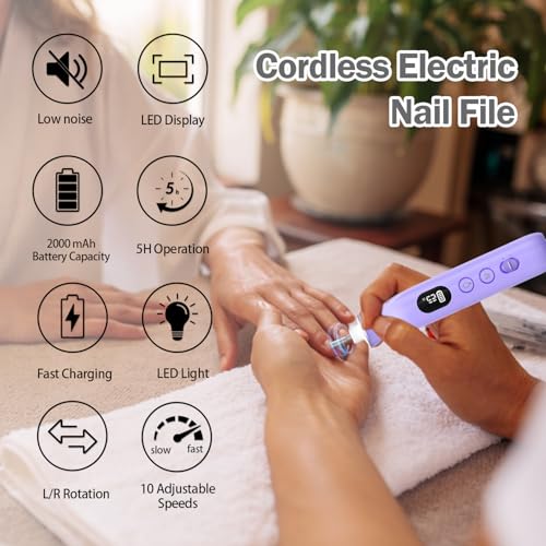Cordless Electric Nail File Set, 10 Speeds Professional Manicure Pedicure Kit with LED Light, Portable Nail Drill for Natural & Acrylic Nails, Human & Pet Thick Toenails, w 120*Sanding Bands (Purple)