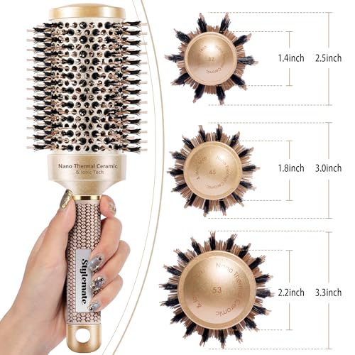 Round Brush for Blow Out, Nano Thermal Ceramic & Ionic Tech, 2.1 Inch Barrel, Boar Bristles, Roller Brush for Blow Drying and Styling, Gold, Hair Brush for All Hair Types