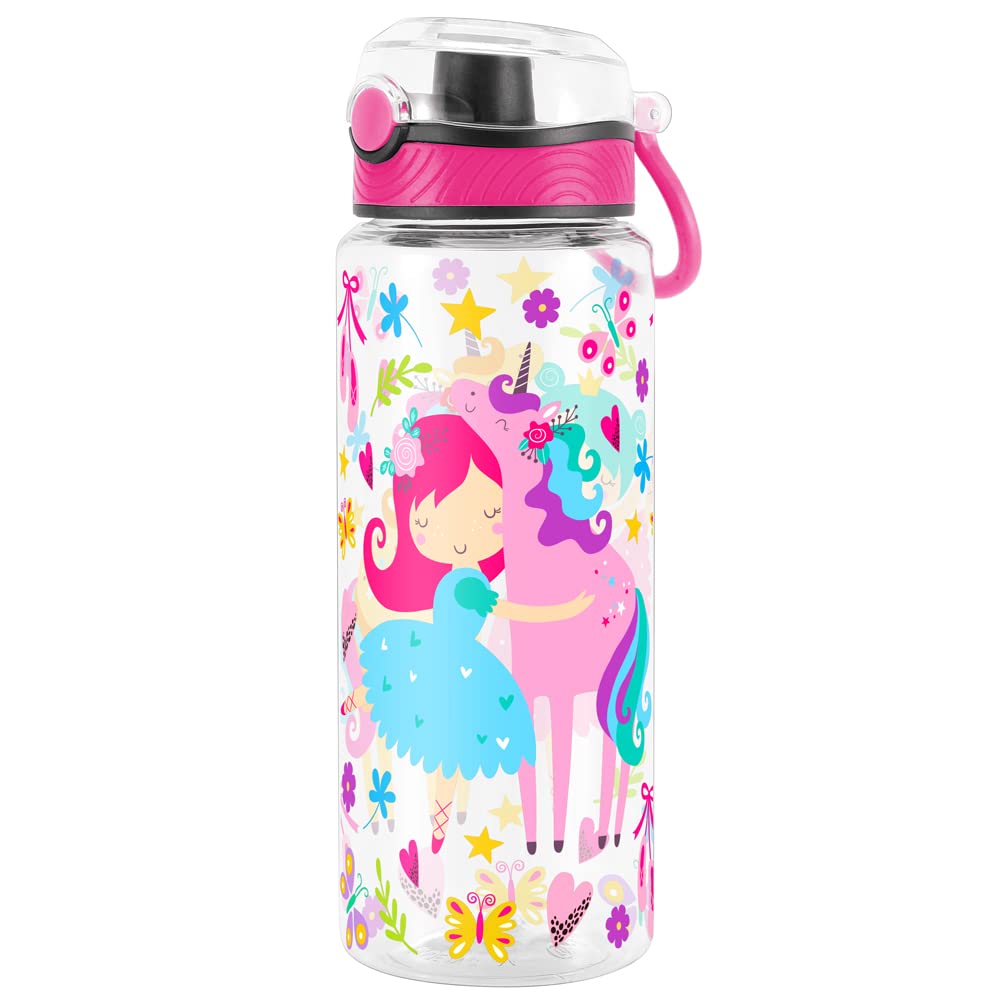 Cute Water Bottle for School Kids Girls, BPA FREE Tritan & Leak Proof & Easy Clean & Carry Handle, 23oz/ 680ml - Girl & Unicorn