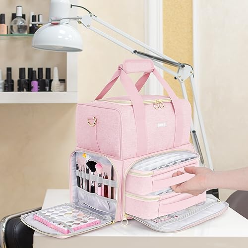 Nail Polish Organizer Holds 80 Bottles and a Nail Lamp,Nail Polish Carrying Case with 2 Removable Bags,Nail Organizers and Storage for Nail Tech,Portable Nail Polish Holder for Nail Supplies,Pink