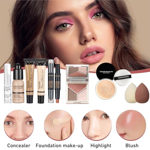 All In One Makeup Kit, Travel Makeup Kit, Makeup Gift Set, Makeup Kit for Women Full Kit, Makeup Bundle Includes Foundation Eyeshadow Palette Lipstick Eyeliner Mascara Contour Stick Cosmetic Brush Set