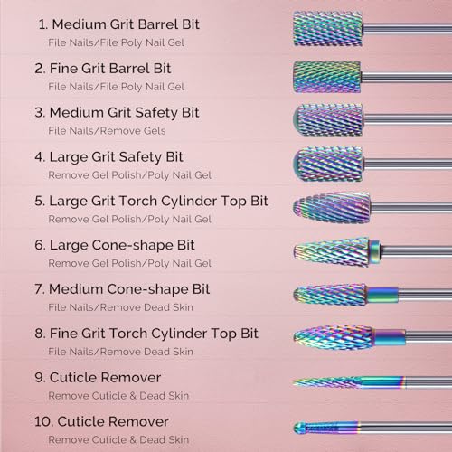 MelodySusie Nail Drill Bits Set, 10pcs Tungsten Carbide Nail Bits for Nail Drill E-file, 3/32 inch Bits Manicure Pedicure Remover Tools for Acrylic Gel Nails, Salon Home Nail Care Supplies, Colorful