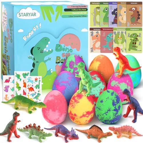 Bath Bombs for Kids with Surprise Toys Inside - 9 Pack Organic Dinosaur Bath Bombs Gift Set, Bubble Bath Fizzers, Dinosaur Toys for Kid 3 4 5 6 7 8 9 Years, Birthday Gifts for Kids Boys