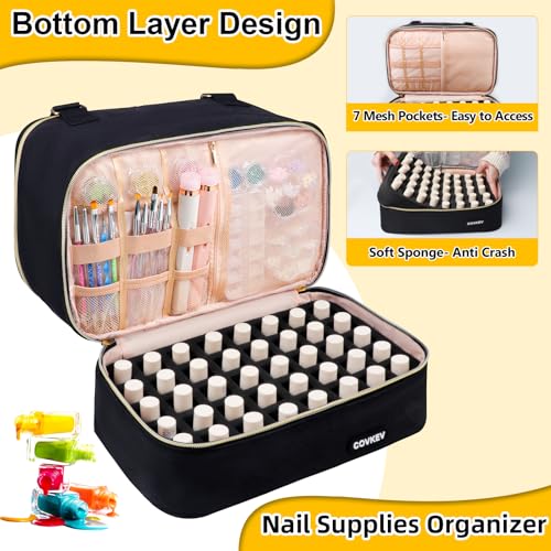 Nail Polish Organizer Hold 50 Bottles (15ml/0.5 fl.oz)& Nail Lamp, Double Layer Nail Bag Organizer Case with Handle, Large Nail Supplies& Kit Storage Case for Women Travel (Black& Golden)