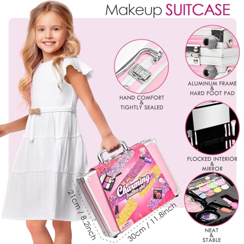 Golray Teen Makeup Kit for Girls Ages 8-12, Starter Full Make up Set With Train Case / 4 Eyeshadow Pallets/Blush/Nail Polish/Lipstick/Brush, Kid Birthday Gift Beauty Toy for Girl 9 10 11 12 Years