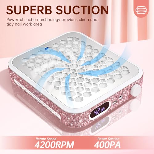 Nail Dust Collector, Rechargeable Dust Collector Nail Tech, Powerful Vacuum Fan Vent Dust Collector Extractor Dust Suction Machine for Acrylic Nails Polishing, Nail Salon&Home, Pink