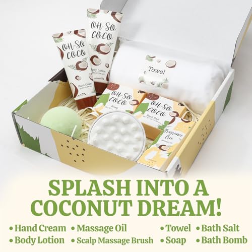 Gift Set for Women BFFLOVE 8pc Coconut Spa Gifts for Women Bath Set for Women with Bath Bomb, Scentd Candle, Massage oil, Towel, Birthday Gifts for Mom,Christmas Gifts for Women