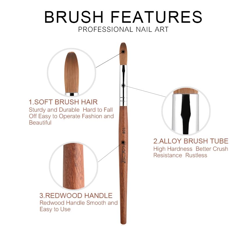 KADS Nail Acrylic Brush Kolinsky Nail Extension Brush Oval Crimped Shaped Sturdy Wooden Handle Acrylic Powder Nail Art Brush Professional Manicure Pedicure (10#)