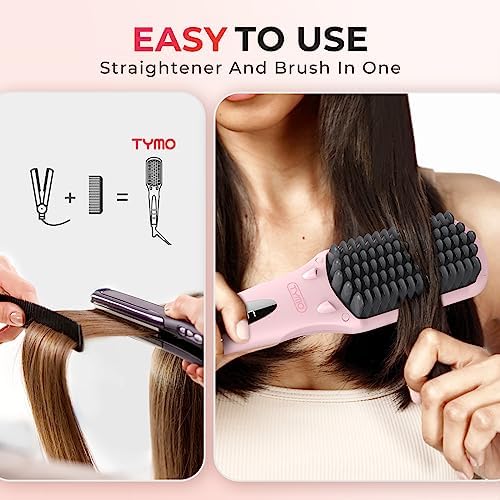 TYMO Ionic Hair Straightener Brush - Straightening Comb with 10M Negative Ions, 25s Heat-up, 16 Temps, Dual Voltage, LED Display | Ceramic Hot Comb Hair Brush Straightener for Women, Pink