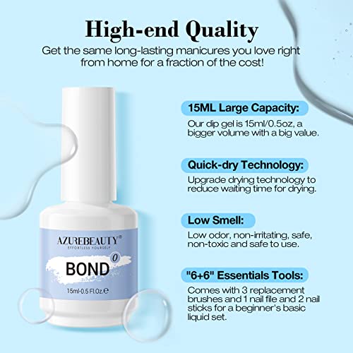 AZUREBEAUTY Dip Powder Liquid Set Bond, Base, Glossy Matte Top Coat, Activator, Brush Saver Dipping Powder Essential Tools No Nail Lamp Needed 0.5Fl oz 15ml 6Pcs