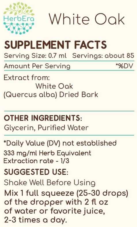 White Oak B60 Alcohol-Free Herbal Extract Tincture, Concentrated Liquid Drops Natural White Oak (Quercus alba) Dried Bark (2 fl oz)