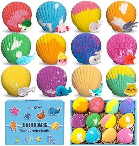 Bath Bombs for Kids with Surprise Toys Inside, 12 Pack Shell Kids Bath Bombs Gift Set for Girls Boys Birthday, Easter, Christmas, Halloween, Handmade Organic Bath Fizzy Bomb with Sea Animal for Child