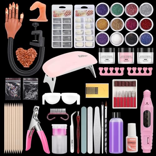 Nail Practice Hand for Acrylic Nails, Flexible Practice Nail Hand Training Kits, Movable Fake Nail Hand to Practice Fake Nails with Nail Drill, Nail Dryer Lamp, 12 Colors Acrylic Powder Beginners Kit