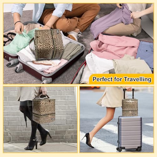 PU Leather Nail Polish Organizer Bag Holds 30 Bottles (15ml - 0.5 fl.oz) & Nail Lamp, Portable Nail Kit Storage Carrying Case, Double Layer Nail Supplies Organizer Handbag (Leopard)