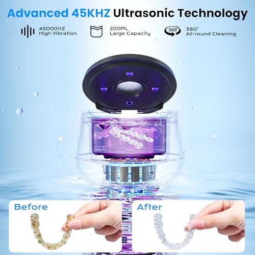 45kHz Ultrasonic Retainer Cleaner, 200ML Dental Cleaning Pod for Dentures, Mouth Guards, Braces, Aligner, Toothbrush Jewelry and More, UV Denture Cleaner with 4 Modes & Digital Timer