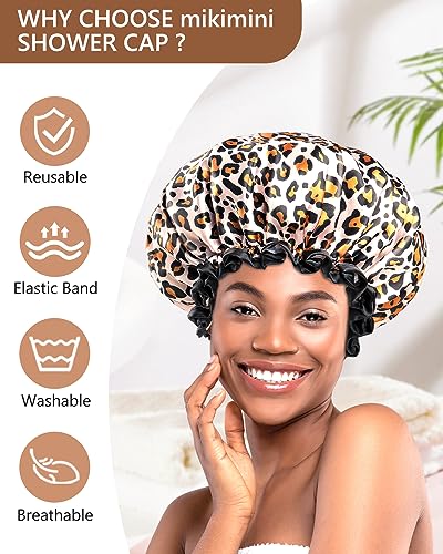 mikimini Leopard Large Shower Caps Pack of 2, Shower Cap for Women Long Hair with Black Lace, Double-layer Waterproof, Reusable, Washable