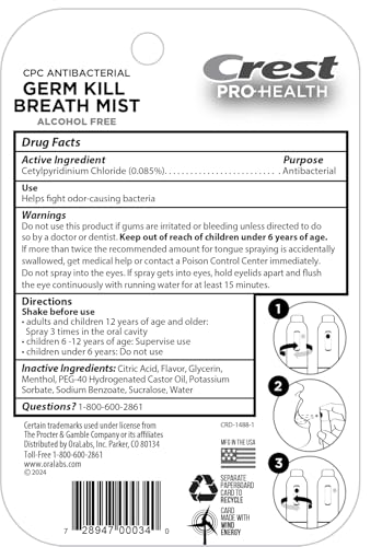 Crest Pro-Health | Portable Alcohol-Free CPC Mist with Clean Mint Flavor | Instant Fresh Breath - 3 Count (0.24oz/7ml) Breath Spray