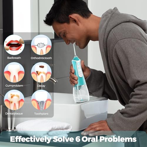 Cordless Water Flosser & Dental Pick for Teeth - 350ML Portable Oral Irrigator Tank Removable IPX7 Waterproof Home Travel Teeth Cleaner Professional Electric Flossing Machine - Blue