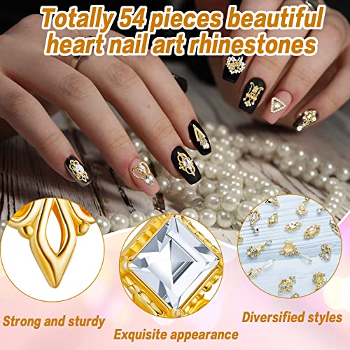 Maitys 52 Pcs Gold Nail Charms Luxury Rhinestones Heart Crystal Gems Alloy 3D Dangle Nail Jewels Metal Pearl Diamond Flowers Studs for Women DIY Craft Jewelry Making