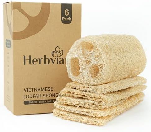 Natural Vietnamese Loofah Sponge, 100% Plant-Based Luffa Exfoliating Body Scrubber for Shower, Multi-Functional for Kitchen, Ideal for Men & Women, Spa & for Pet (6pcs/Pack)