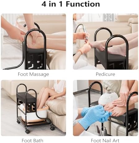 Pedicure Cart Foot Bath Trolley, Salon Nail Esthetician Trolley Cart, 3 Adjustable Height PU Cushion, Portable trolley for Foot Rest Manicure Massage, Beauty Spa Supplies, Black