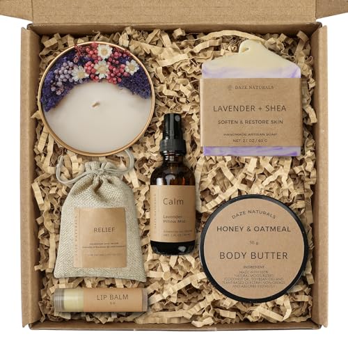 Bath Gift Set, Spa Gifts for Women, Self Care Products for Women, Lavender & Cream Soap Bar, Calm Pillow Mist, Bath Bomb & Shower Steamer, Body Butter and Lip Balm