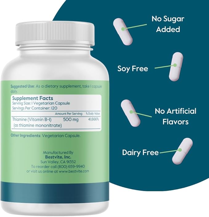 BESTVITE Vitamin B-1 (Thiamin) 500mg (120 Vegetarian Capsules) - No Stearates - Vegan - No Calcium Carbonate - Non GMO - Gluten Free - No Silicon Dioxide