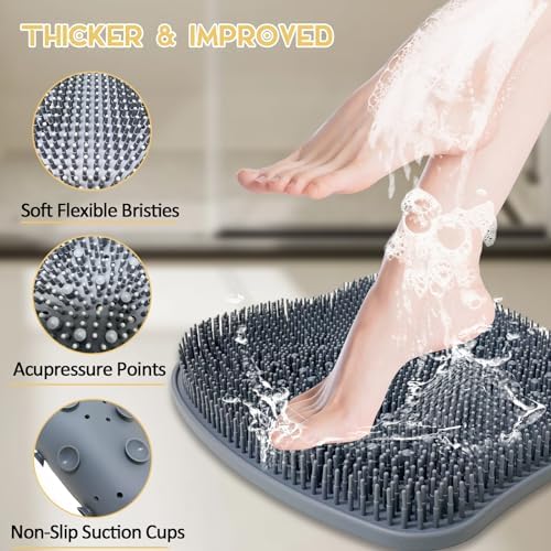 Extra Thicker & Larger Foot Scrubber Mat for Shower, Silicone Back Body Exfoliator Massager Cleaner Washer with Non Slip Suction Cup, Exfoliating Scrub Brush Pad for Women Men Elderly