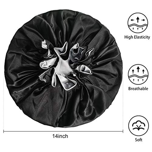 Silk Bonnets for Women,Double Layer Extra Large Satin Sleeping Cap with Elastic,Satin Bonnet for Curly Hair,Satin Cap for Natural Hair, Women Girl(Black)