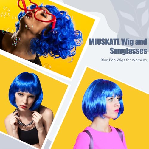 Wig and Sunglasses 12 Inch Short Bob Wigs with Bangs for Women Costume Cosplay Party (Blue)