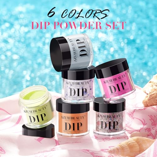 AZUREBEAUTY Orange Fluorescent Blue Green Dip Powder Nail Set, 6 Spring Summer Colors Dipping Starter Kit French Art Manicure DIY Mother's Gift for Women, No Need Lamp Cured