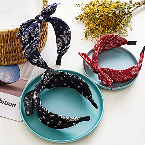 Paisley Print Wide Bow Headbands for Women Bandana Rabbit ear Elastic Hairband Cute Knot Headbands Hair Accessories (Style 1: (Red, white, Navy, black)
