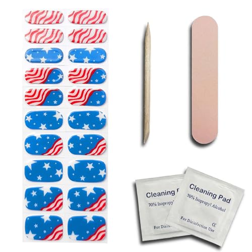 Patriotic Semi-Cured Gel Nail Strips Kit - 4th of July Nail Art Designs with 20 Salon-Quality Stickers, Easy DIY Manicure at Home (UV/LED Lamp Required)