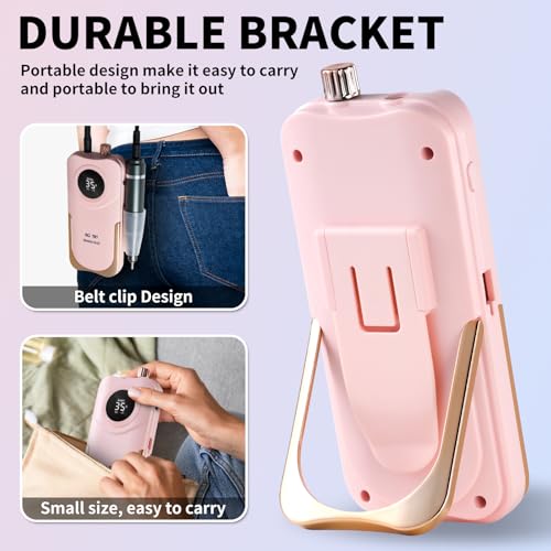 Portable Nail Drill Cordless,35000 RPM Electric Nail File with Holder,Rechargeable Nail Drill E Filer for Nails,Electric Nail Buffer Nail Filer Electric Tool for Women (Pink)