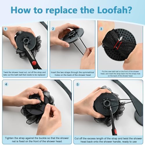 Loofah with Handle, 20.5'' Replaceable Shower Loofah to Improve Skin Health, Body Scrubber, for Women and Men with String for Easy Hanging（Dark Black）