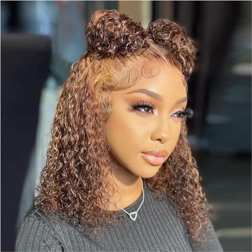 Curly Bob Wig Human Hair Deep Wave 13x4 HD Lace Front Wigs For Black Women Human Hair Pre Plucked Wear And Go Glueless Short Wet And Wavy Ombre Honey Blonde Highlight Color 4/27 14 Inch